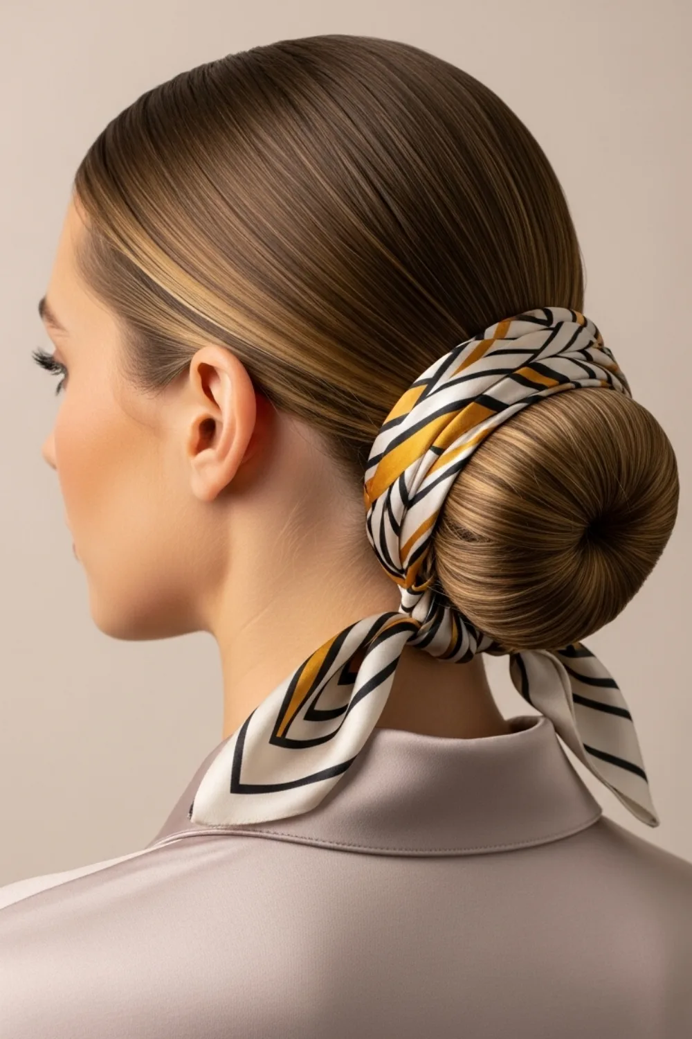 15 Scarf Hairstyles Ideas That Look Cute But Change Everything 5 The Elegant Low Bun Wrap hairstyle glowcrafty.online
