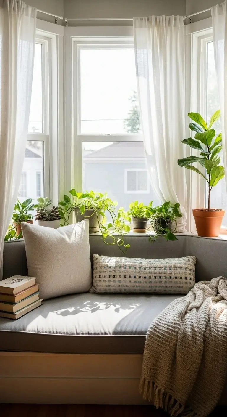 Bay Window Reading Corner with Curtains