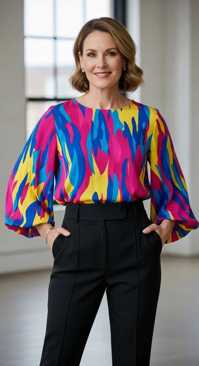 Black Pants with Colorful Statement Top glowcrafty.online