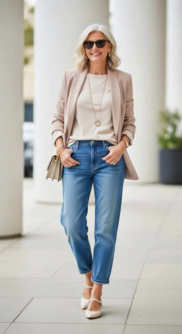 Boyfriend Jeans with Fitted Top and Blazer glowcrafty.online