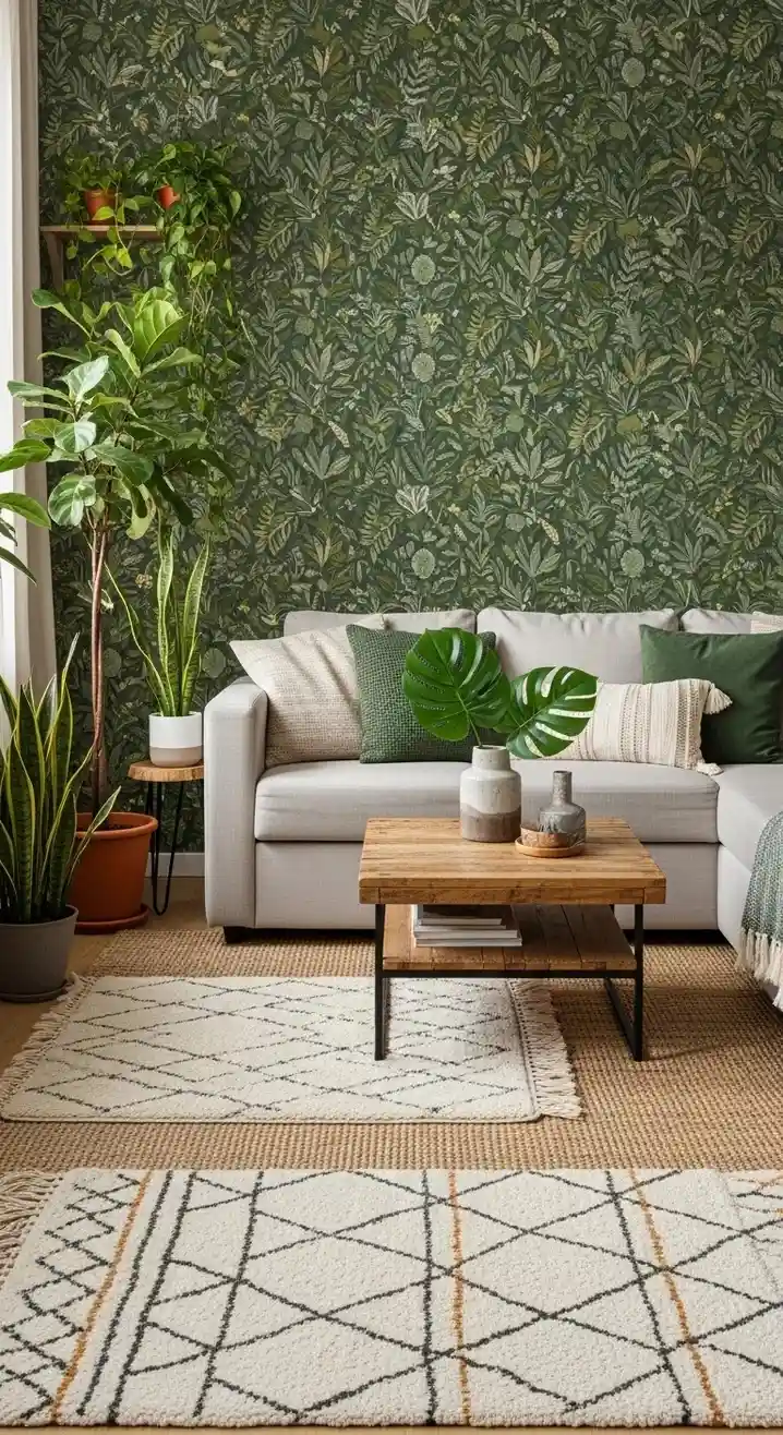 Green Patterned Wallpaper with Botanical Prints glowcrafty.online
