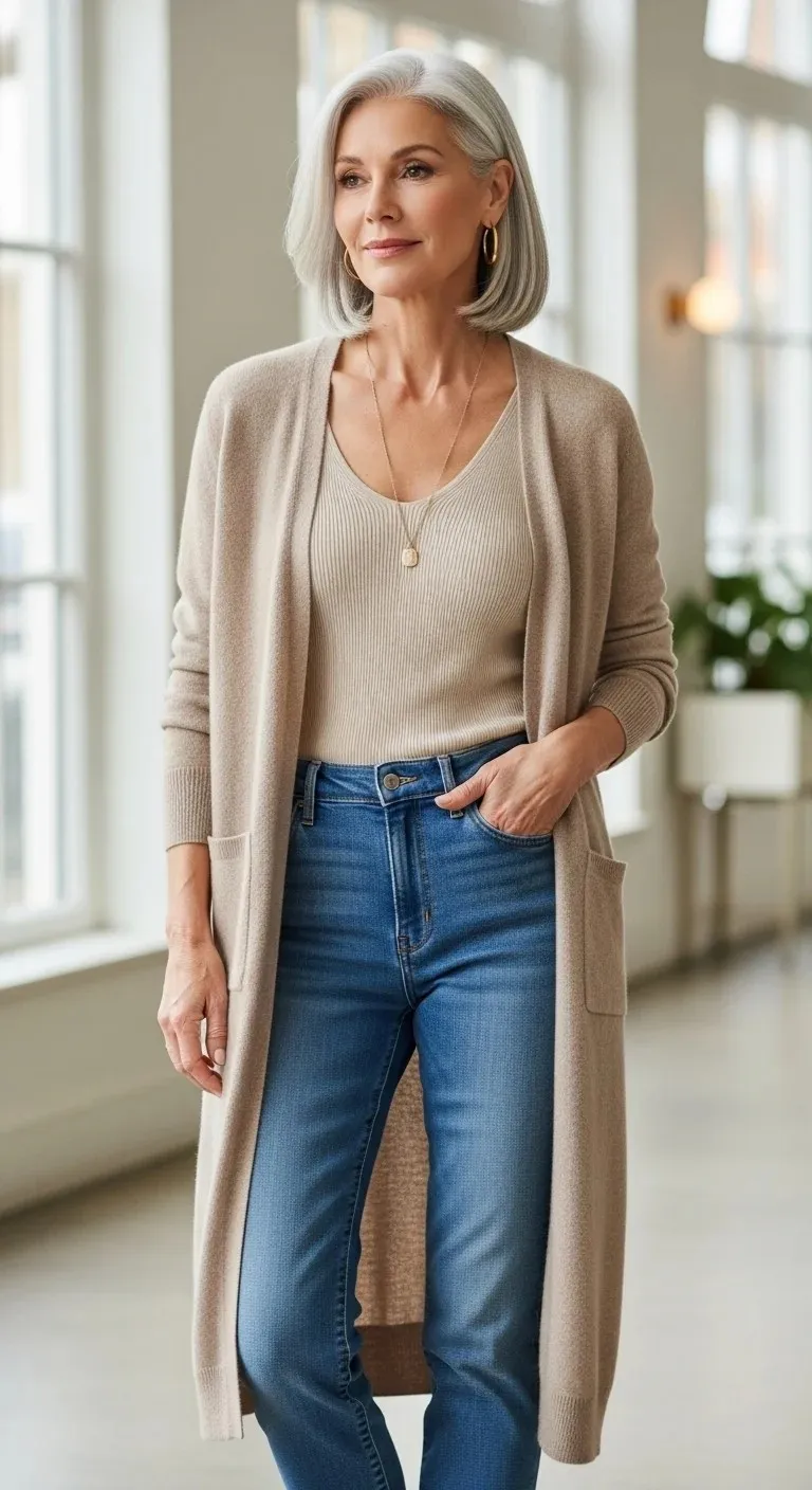 Long Cardigan Over a Simple Tank and Jeans glowcrafty.online