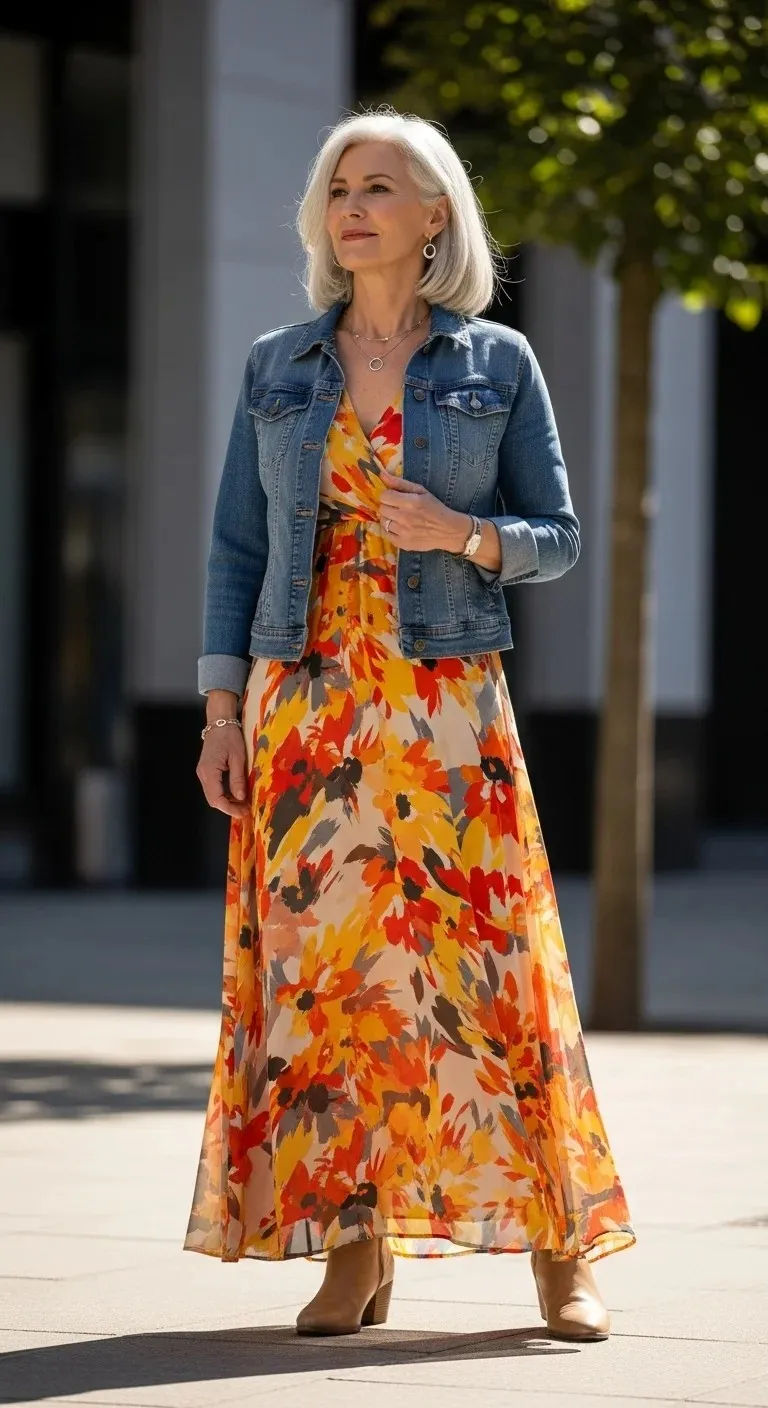 Printed Maxi Dress with Denim Jacket glowcrafty.online