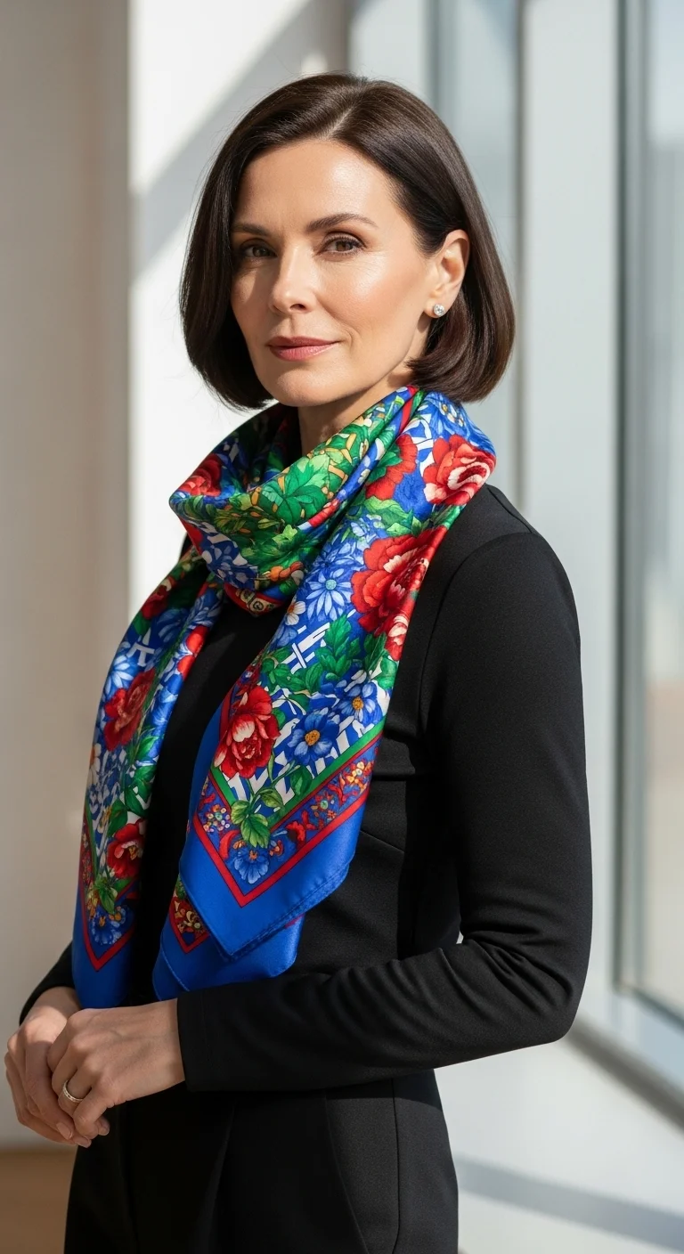 Printed Scarf with Simple Black Outfit glowcrafty.online