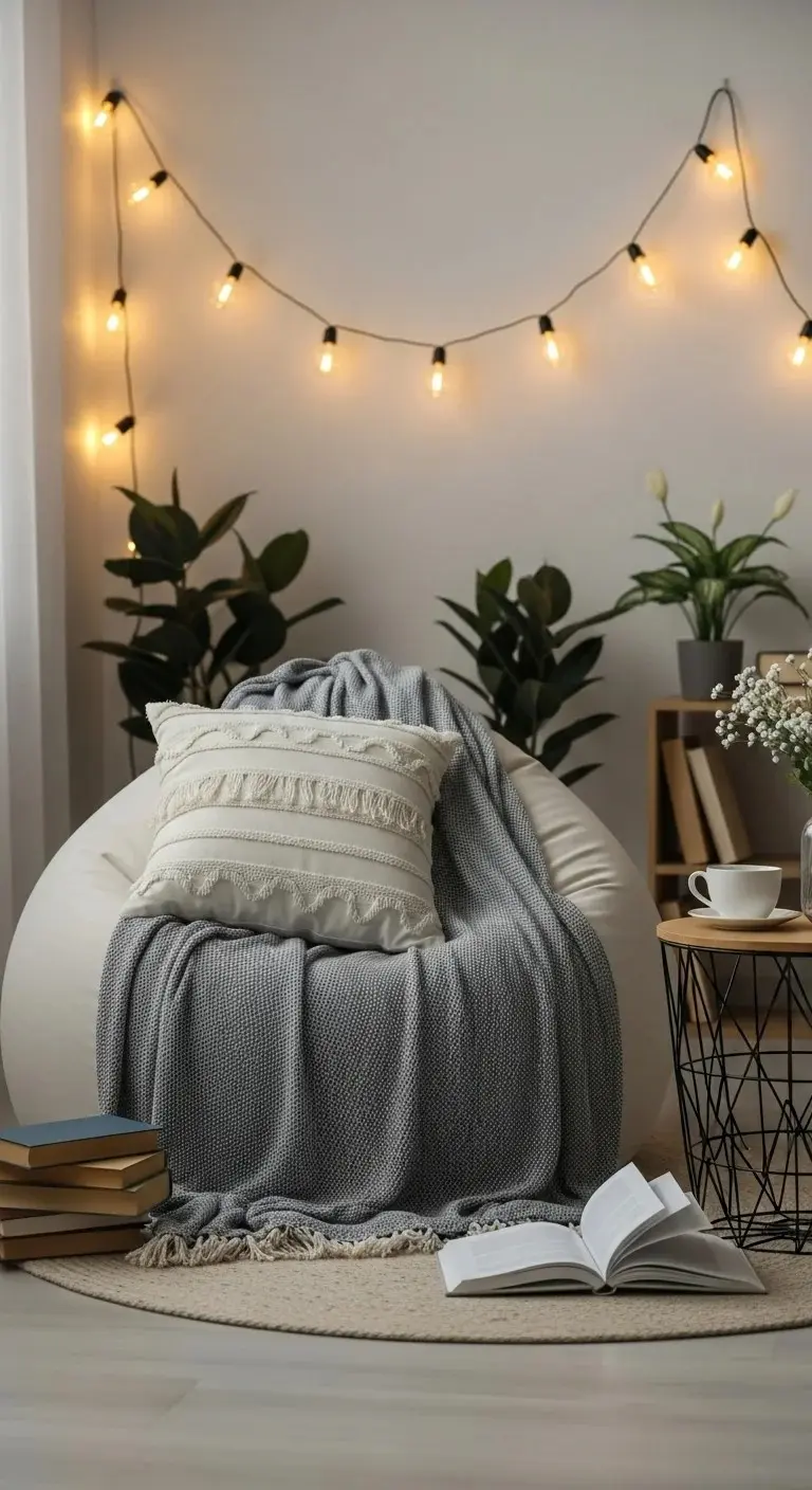 Reading Corner with Bean Bag and String Lights